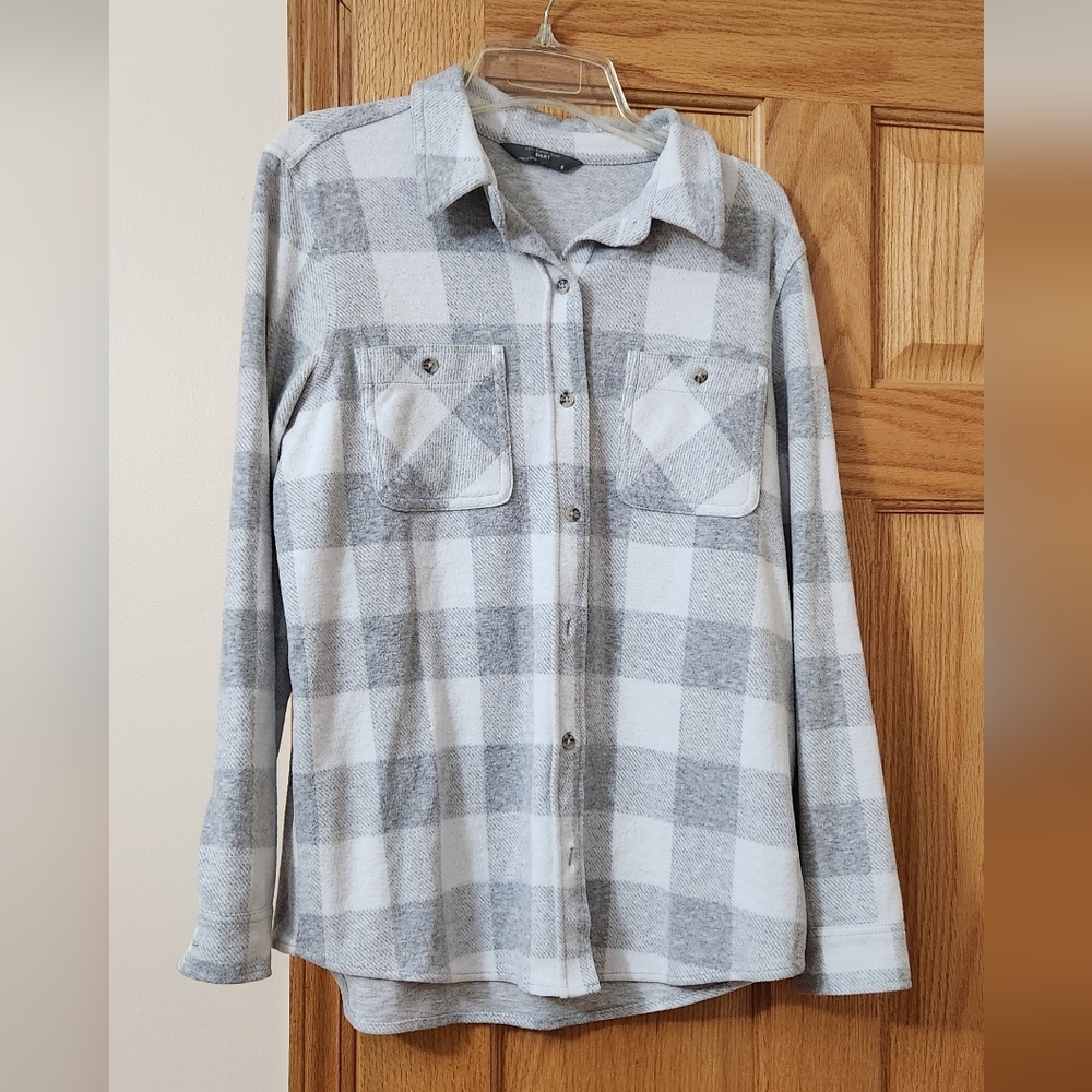 Gray and White Plaid Button-Up Shirt